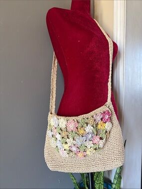 Handmade Beige Crochet Tote with Multicolor Floral Accents